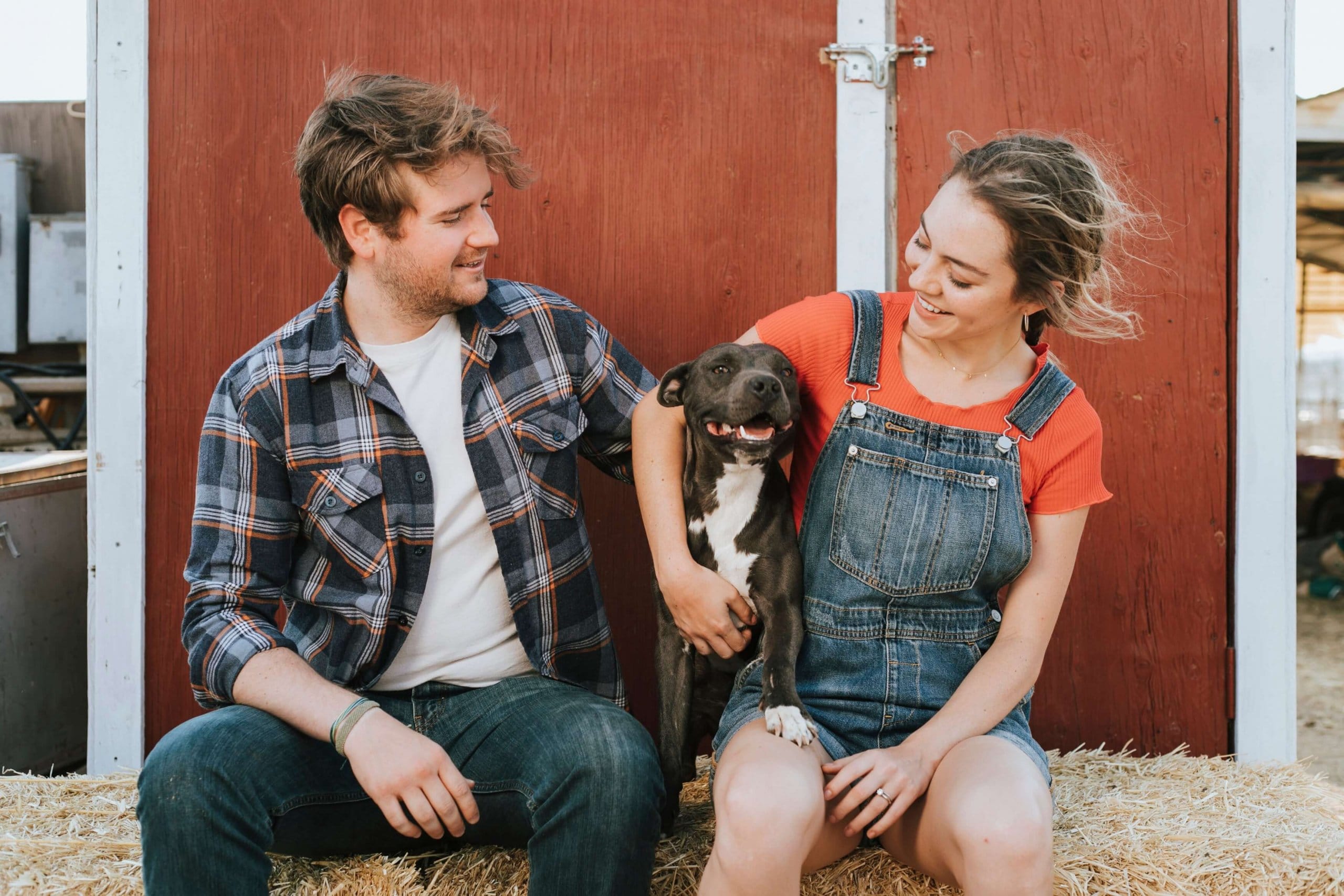 A smiling couple sitting on a hay bale with their happy dog between them