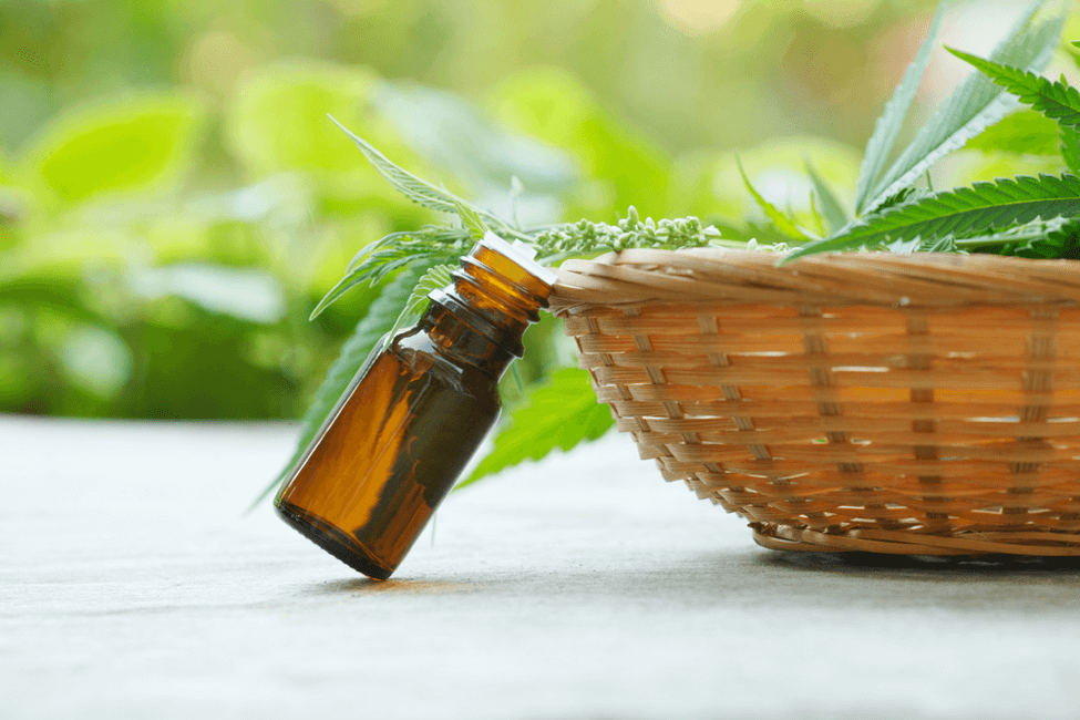 Amber dropper bottle beside a basket of fresh hemp leaves