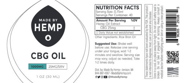 Made by Hemp: CBG Oil Tincture (1000mg) - Image 2