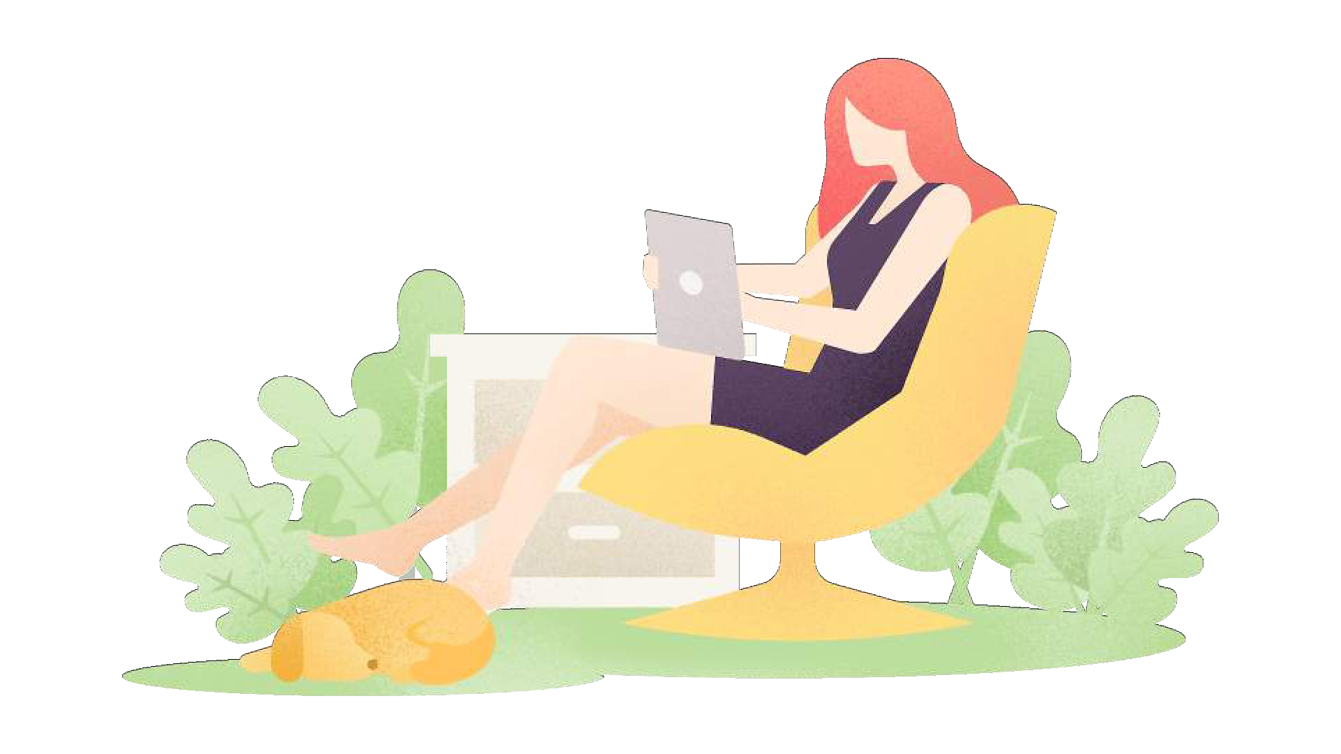 Illustration of a woman reading in a chair with her dog